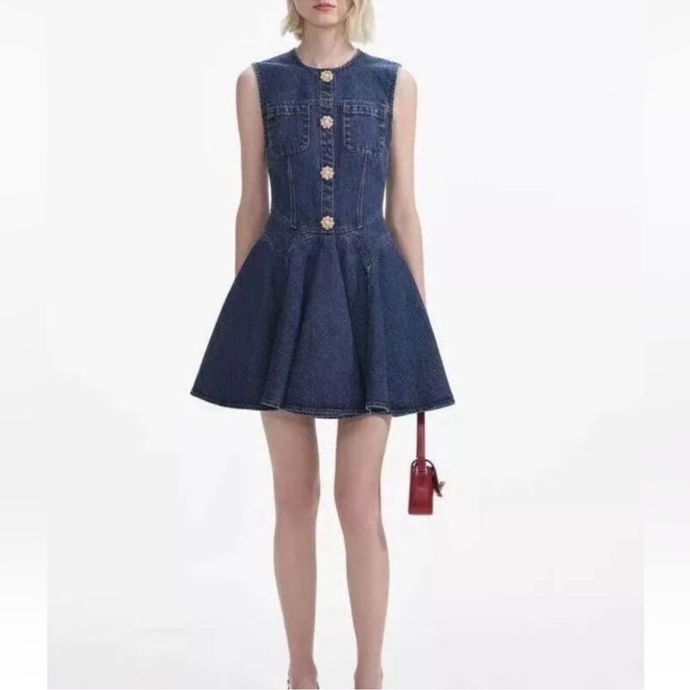 Self-portrait NWOT Denim skater mini- dress- Sleeveless Dress. Size 8